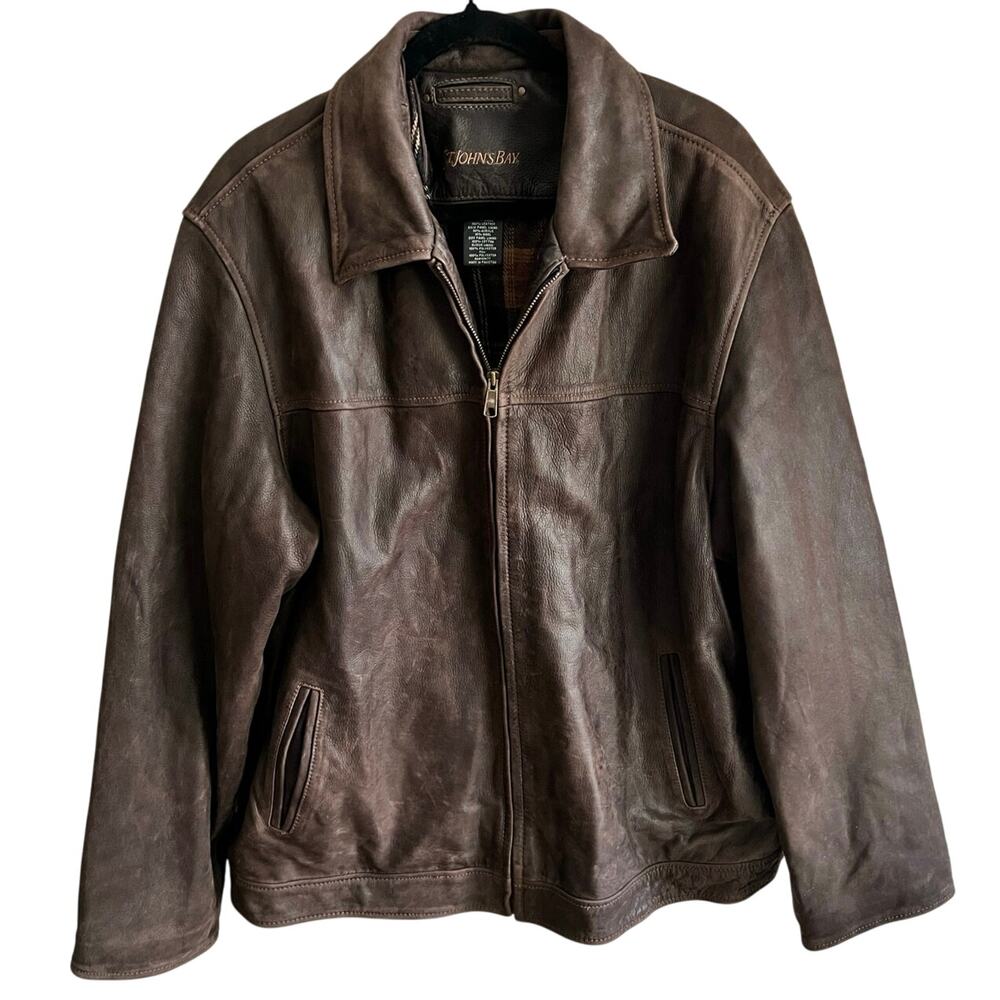 Vintage John’s Bay Brown Genuine Leather Jacket Mens XXL Flannel Lined 2XL